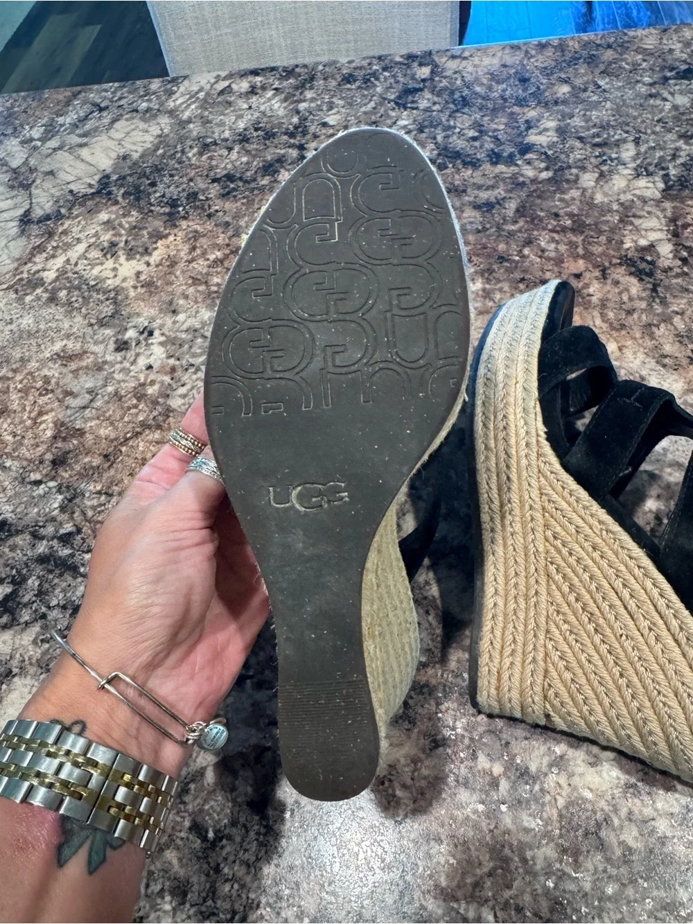 UGG Black Suede Espadrille Wedge Sandals